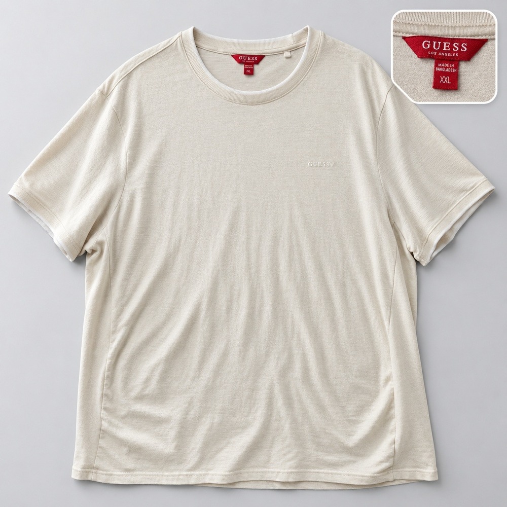 Guess Los Angeles Mens XXL Cream Beige Short Sleeve Logo T-Shirt Crew Neck
